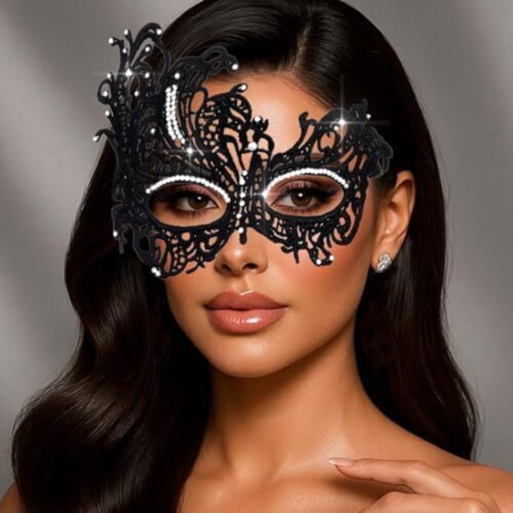 9952 Rhinestone Masquerade Ball Mask Black Lace Masks Halloween Costume Eye